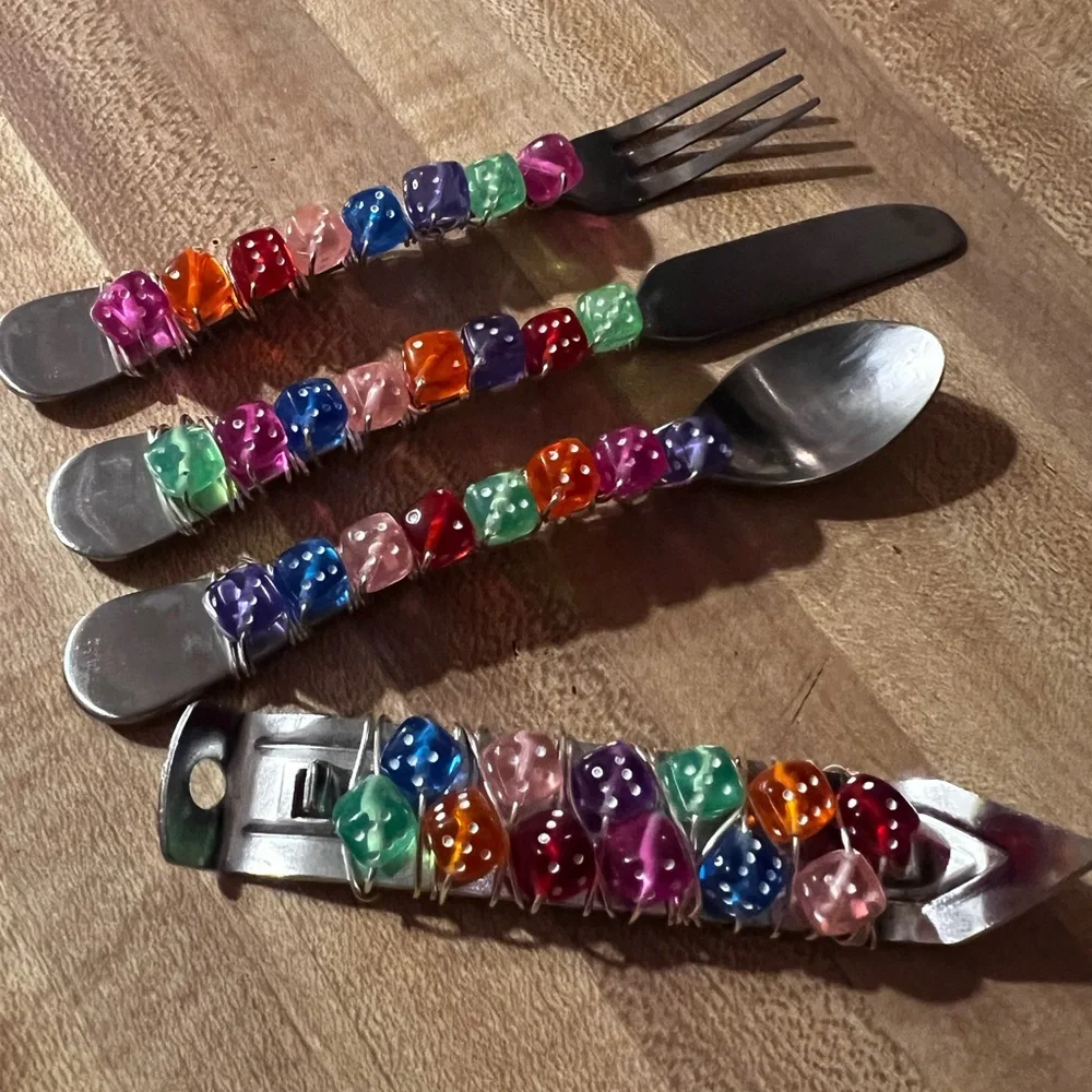 Artsy Colored Dice Charcuterie Utensils with Bottle Opener 4 Piece